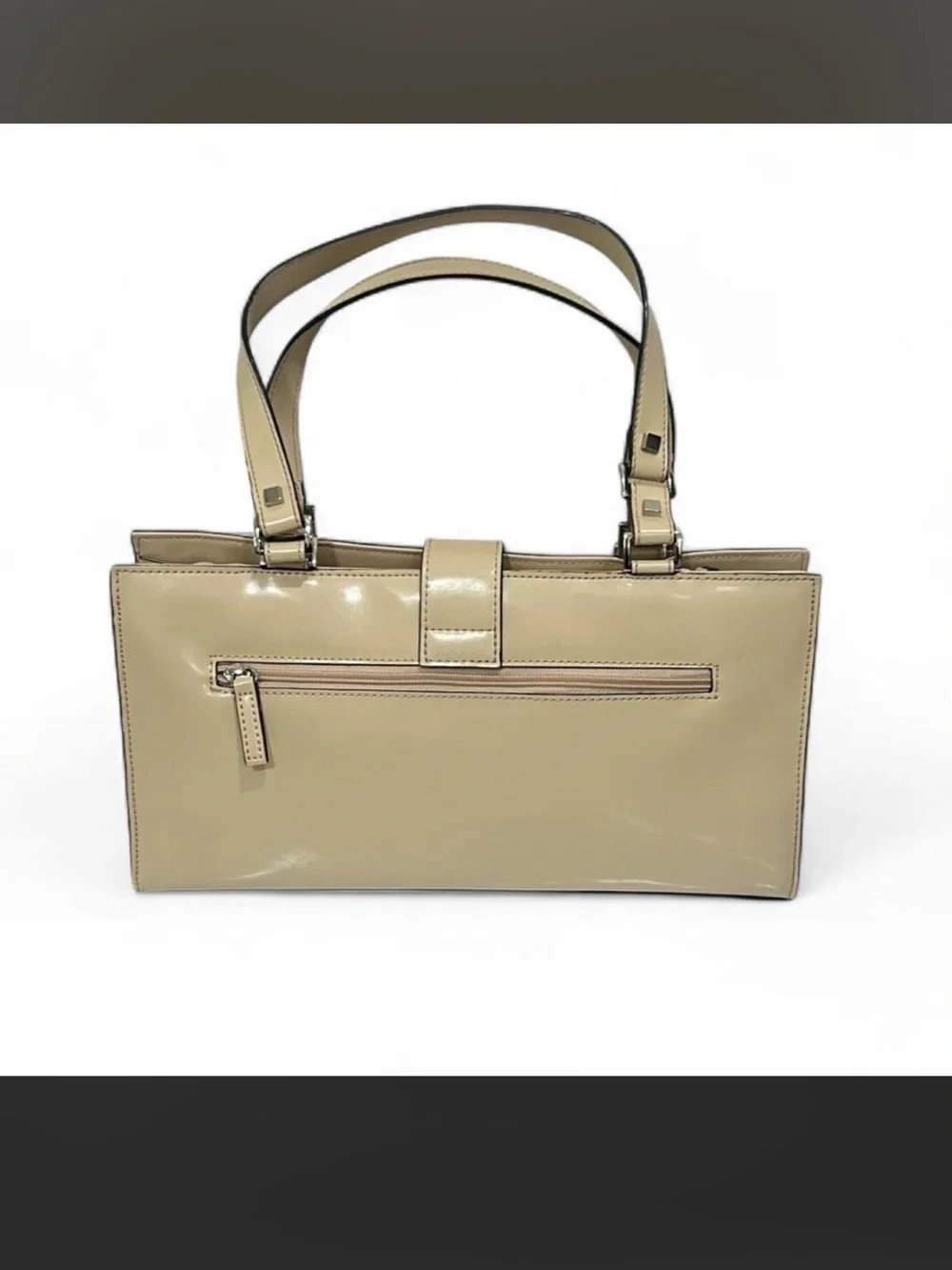 Guess Beige Patent Leather Satchel with Silver Hardware